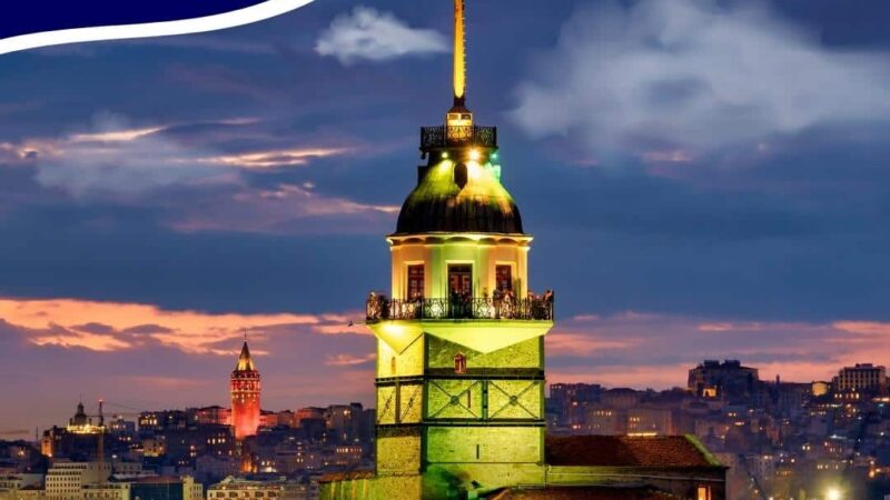 An image of the maiden tower at night time