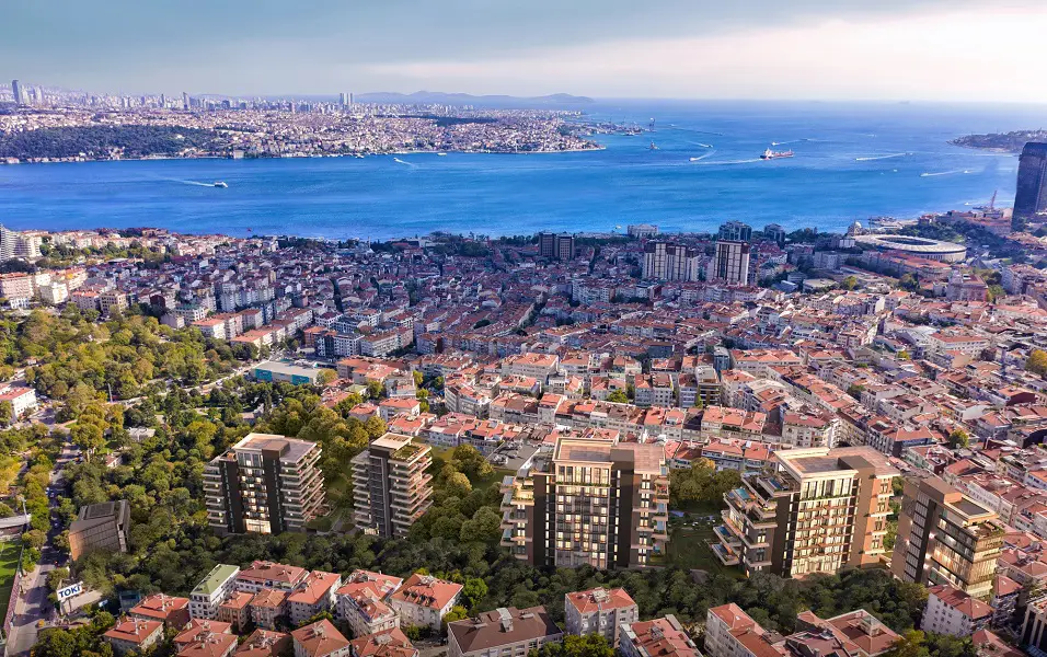 Nisantasi premium apartment compound with terrace pools and stunning Bosphorous views.
