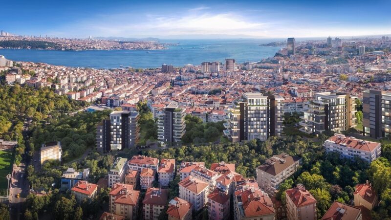 Nisantasi premium apartment compound with terrace pools and stunning Bosphorous views.