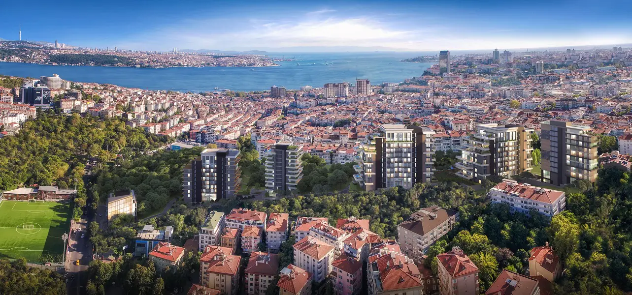 Nisantasi premium apartment compound with terrace pools and stunning Bosphorous views.