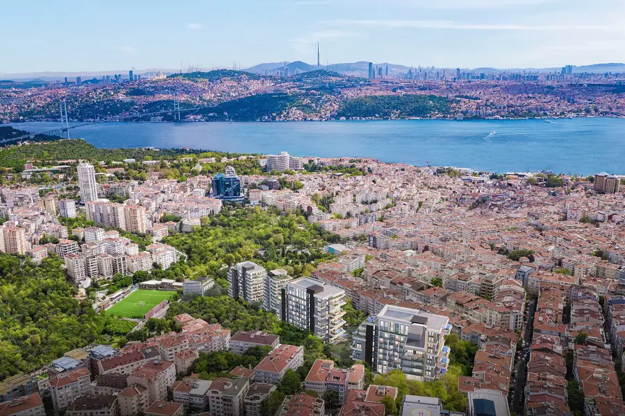 Nisantasi premium apartment compound with terrace pools and stunning Bosphorous views.