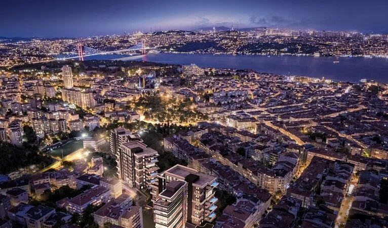 Nisantasi premium apartment compound with terrace pools and stunning Bosphorous views.