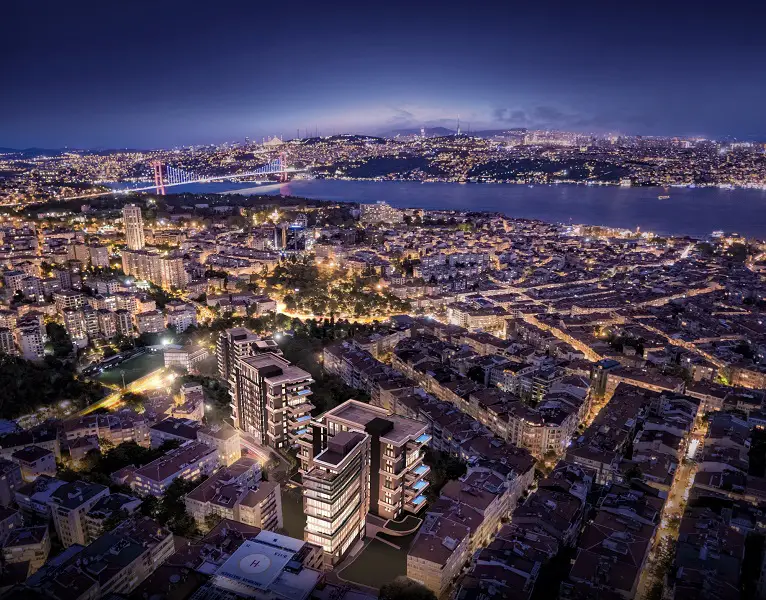 Nisantasi premium apartment compound with terrace pools and stunning Bosphorous views.