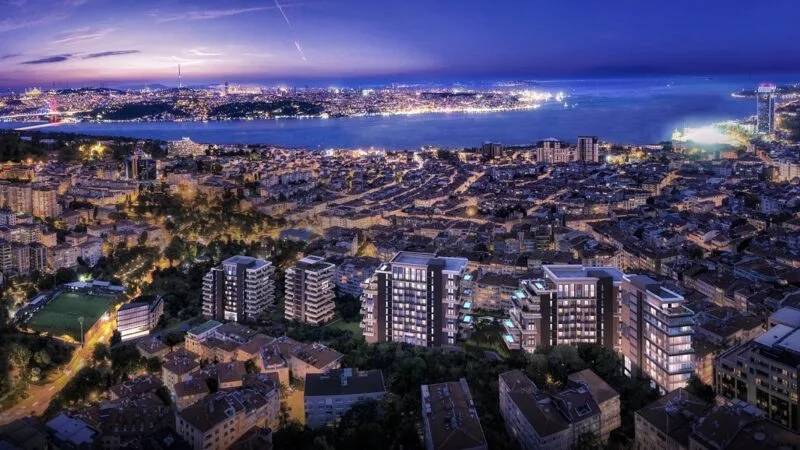 Nisantasi premium apartment compound with terrace pools and stunning Bosphorous views.