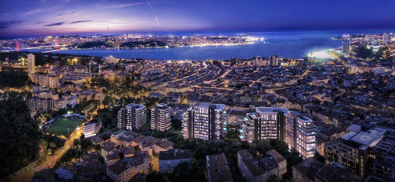 Nisantasi premium apartment compound with terrace pools and stunning Bosphorous views.