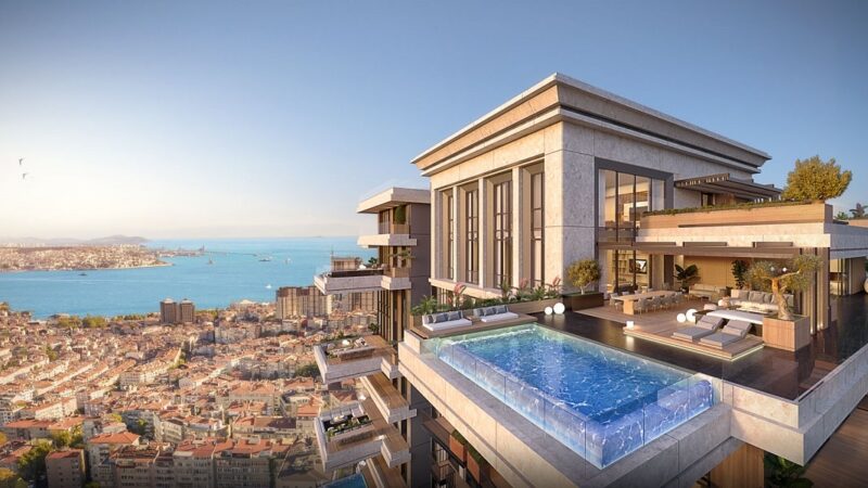 Nisantasi premium apartment compound with terrace pools and stunning Bosphorous views.
