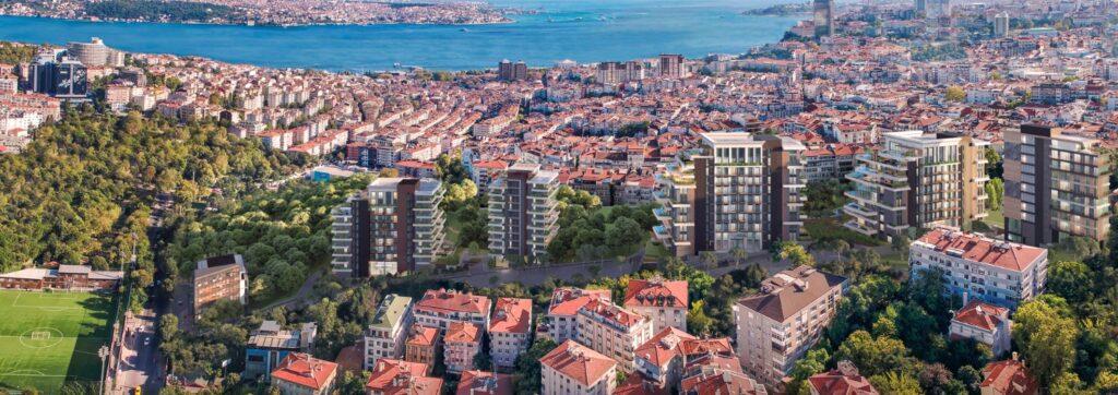 Drone view of Nisantasi Koru residence project, showing its view over the Bosphorus