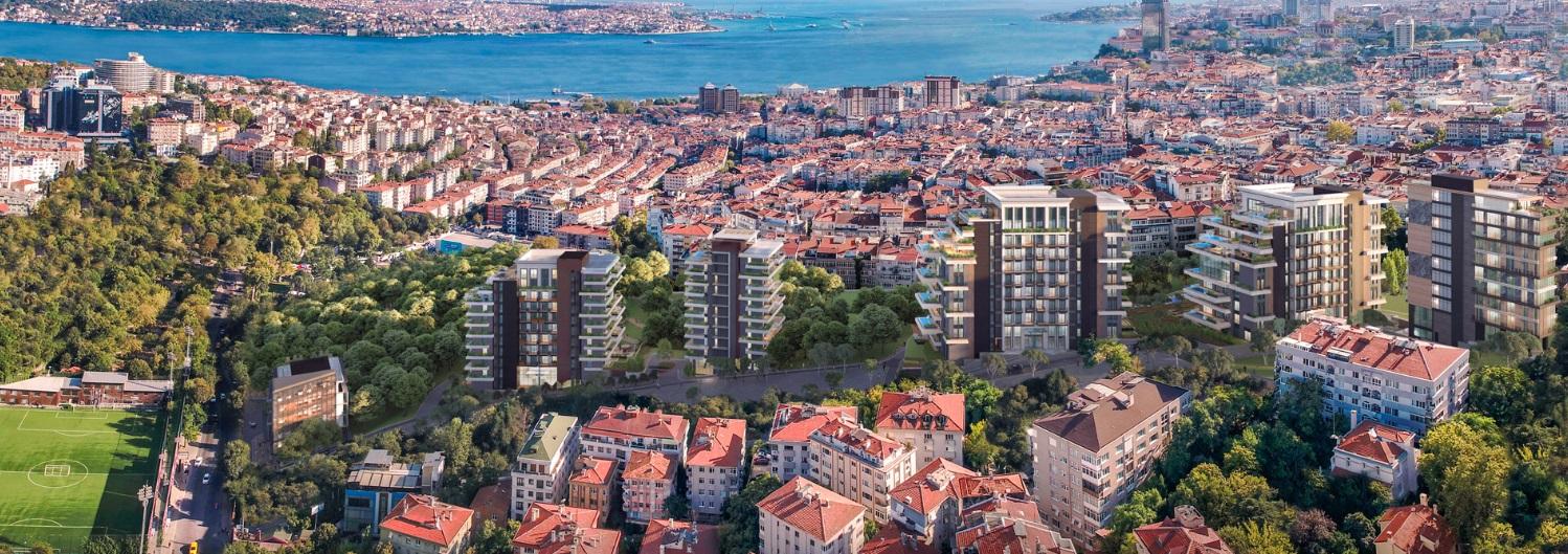 Drone view of Nisantasi Koru residence project, showing its view over the Bosphorus