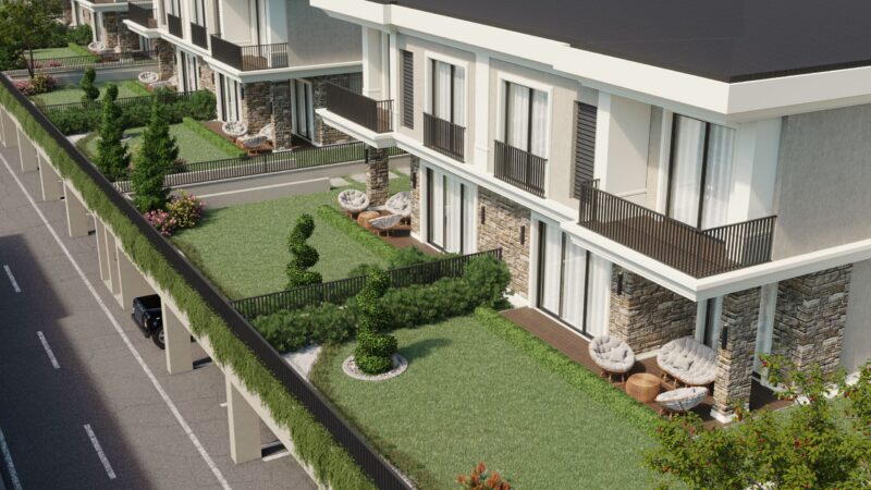 High angle image showing the gardens of the villas