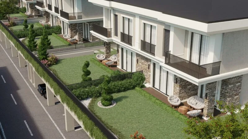 High angle image showing the gardens of the villas