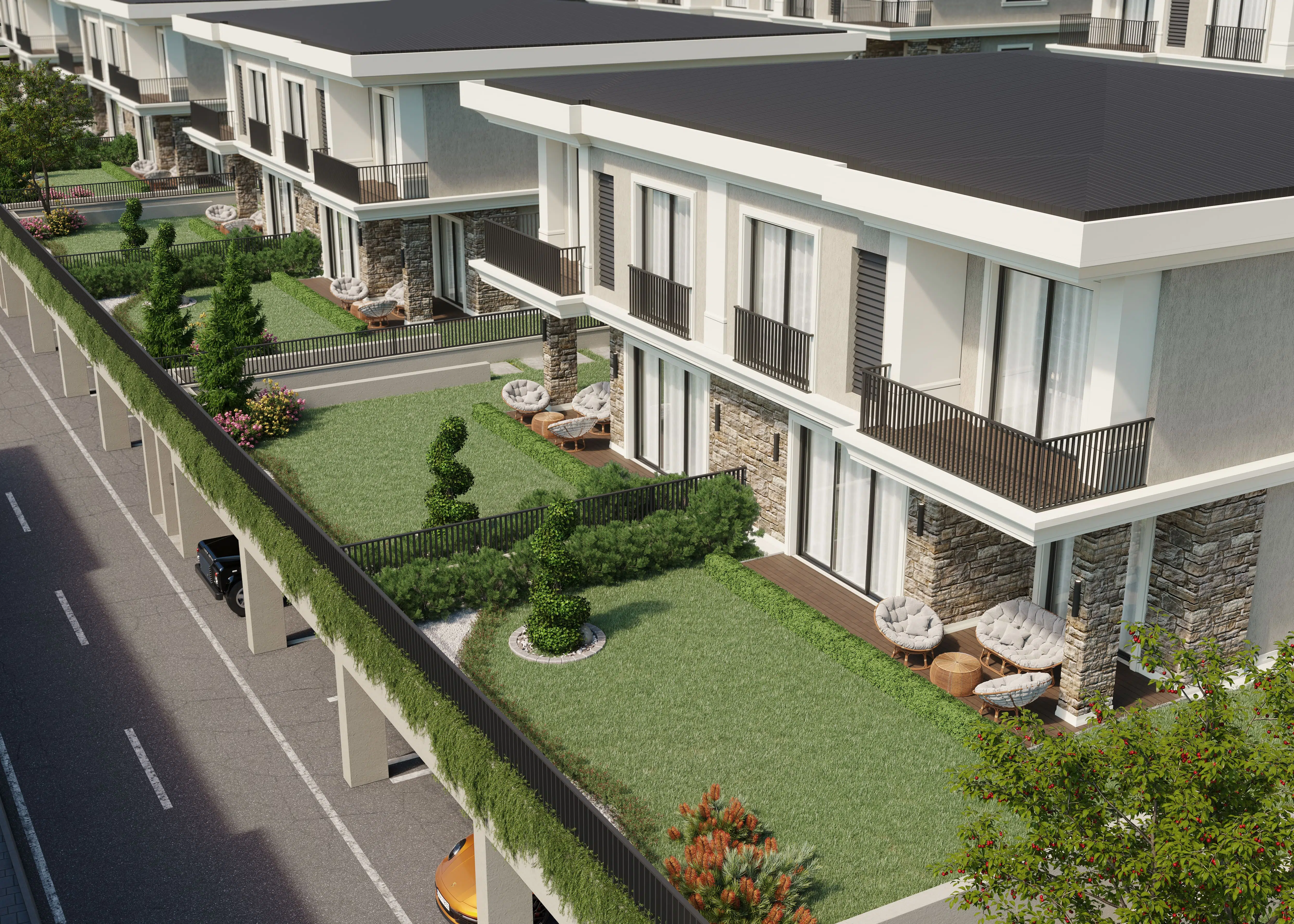 High angle image showing the gardens of the villas