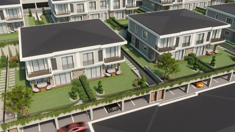 High angle render of four villas