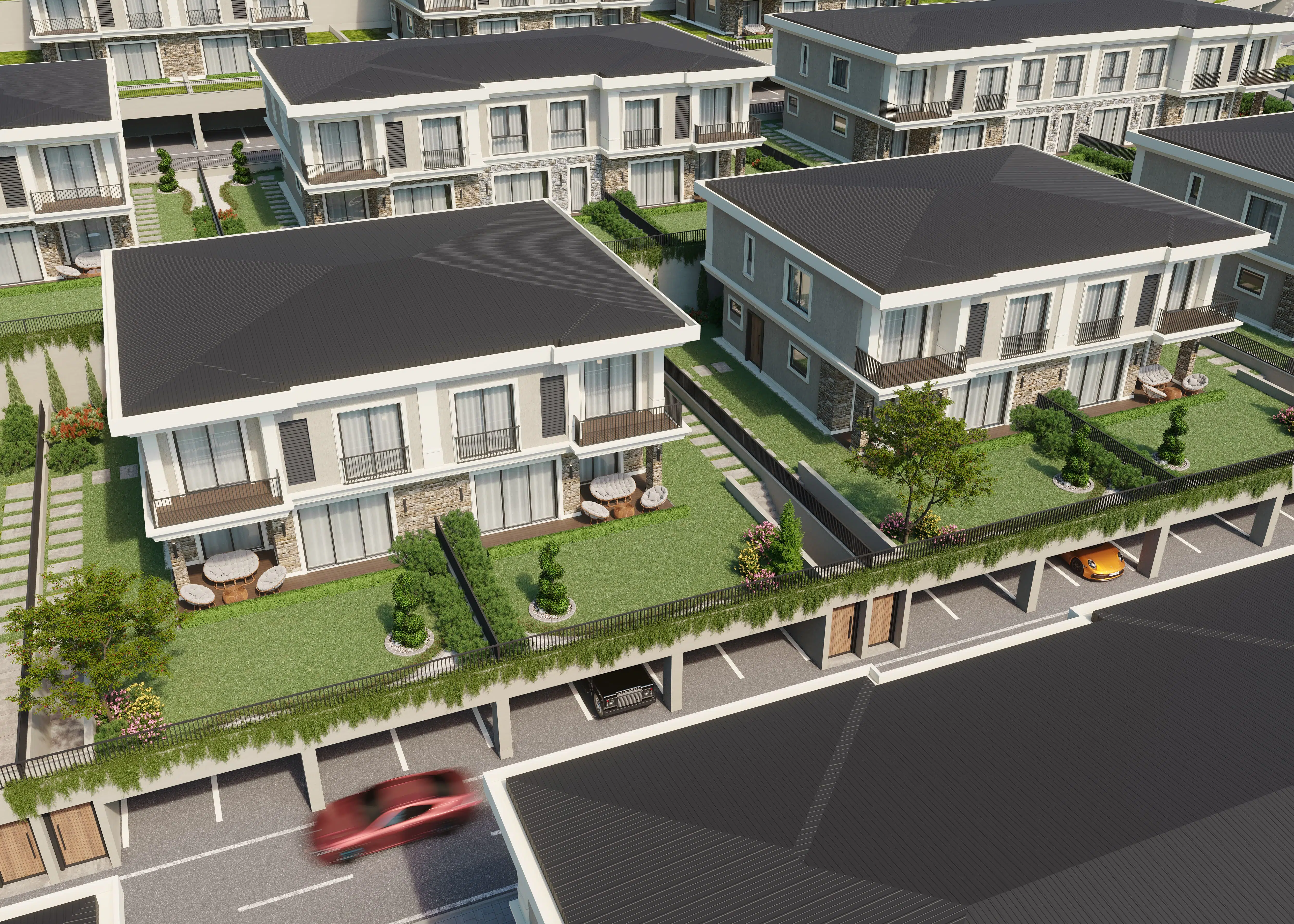 High angle render of four villas