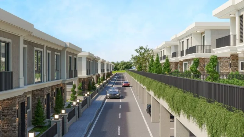 Looking down the interior street of the compound with villas on either side