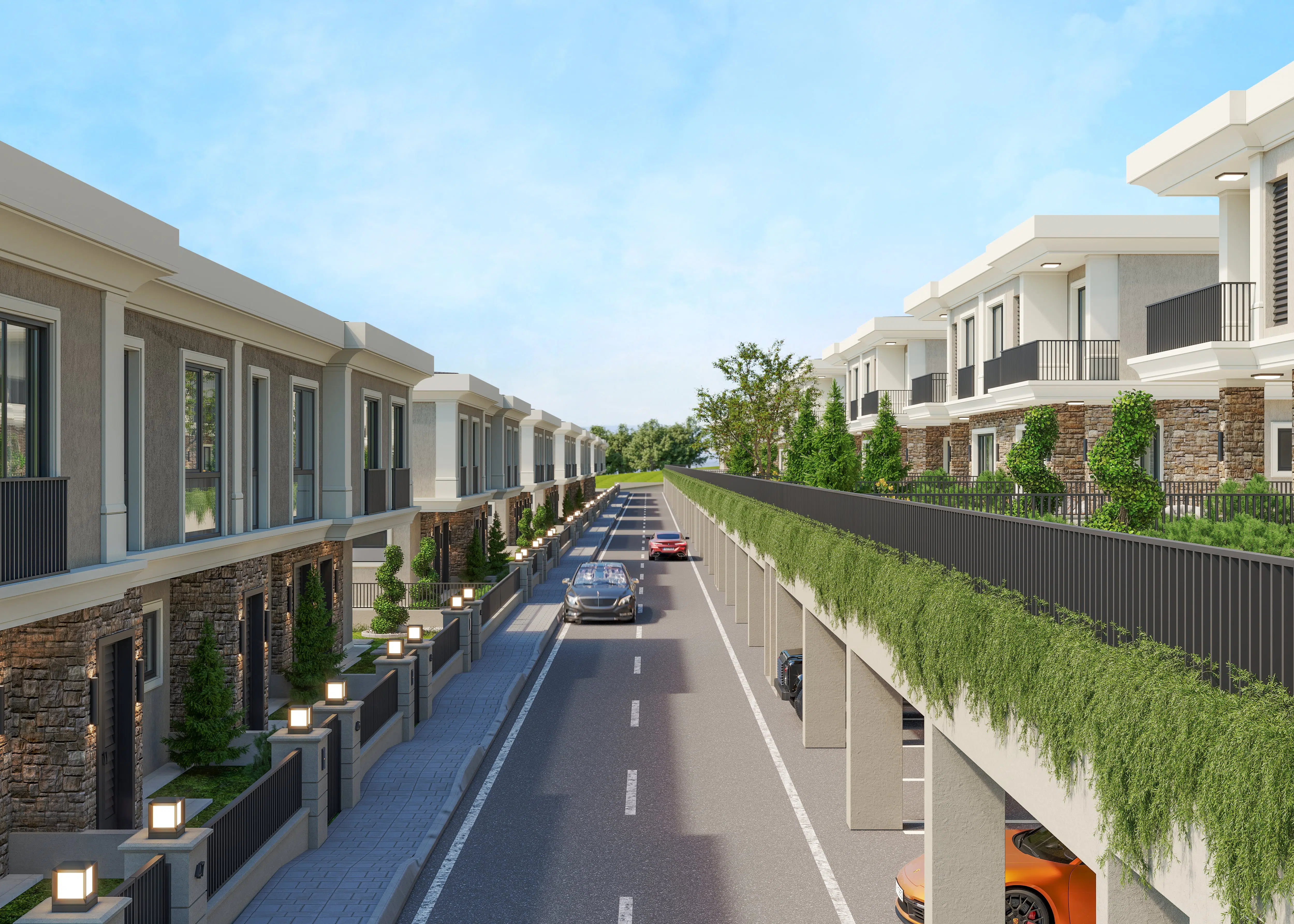 Looking down the interior street of the compound with villas on either side