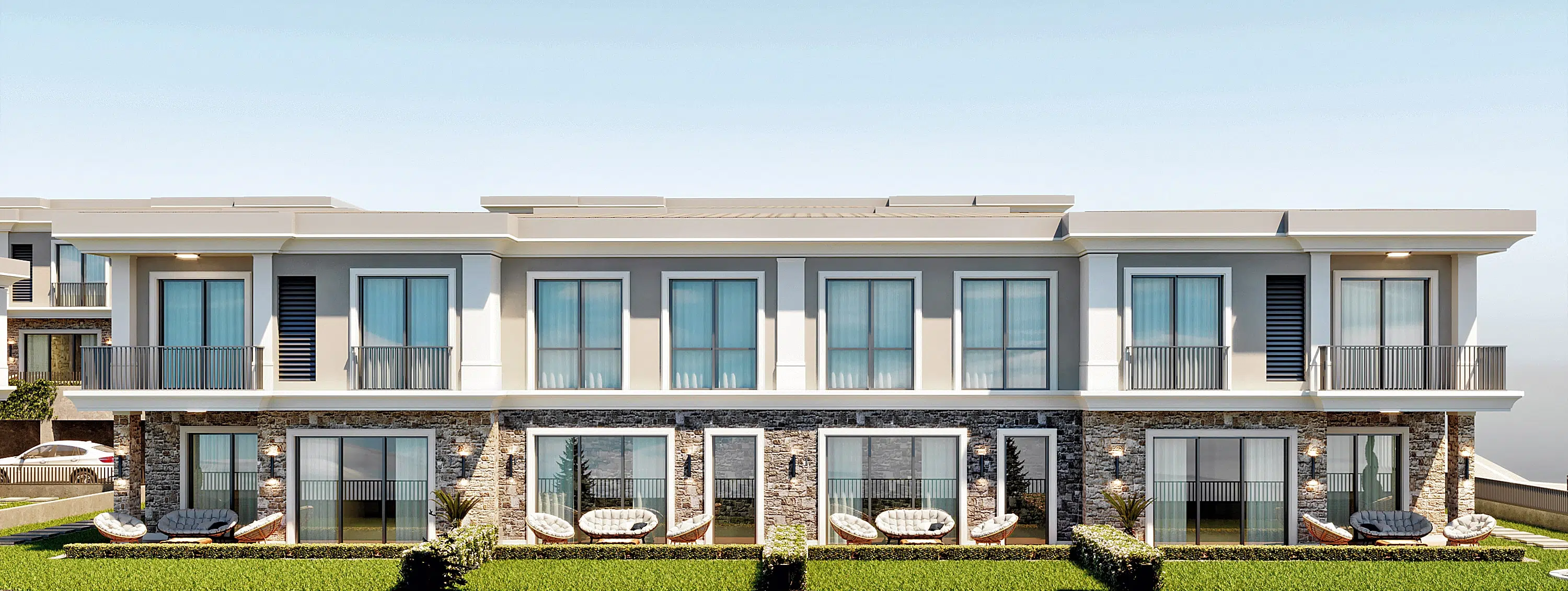Front angle image of a twin villa