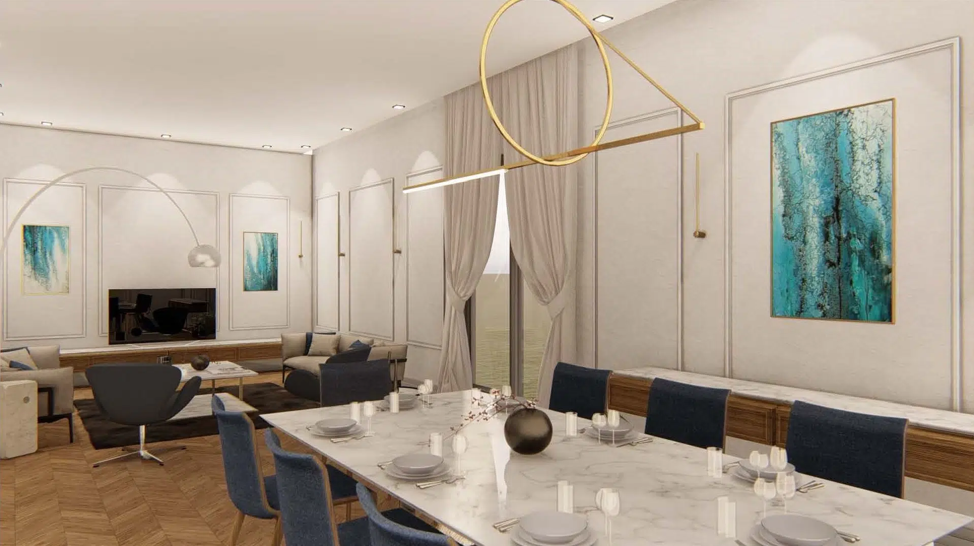 Open plan living room with the dining table and couches in view