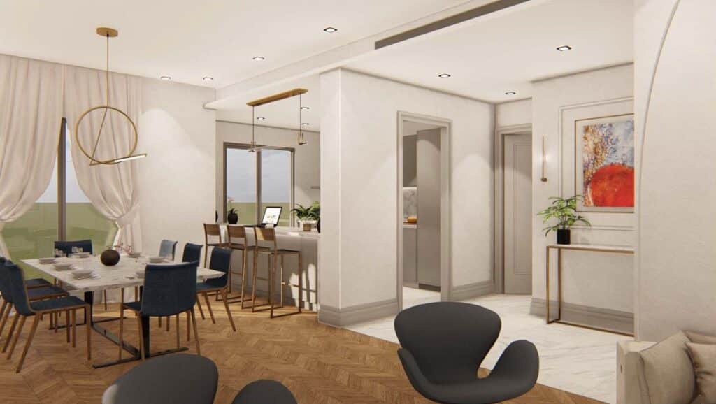 Open plan living room with a breakfast bar