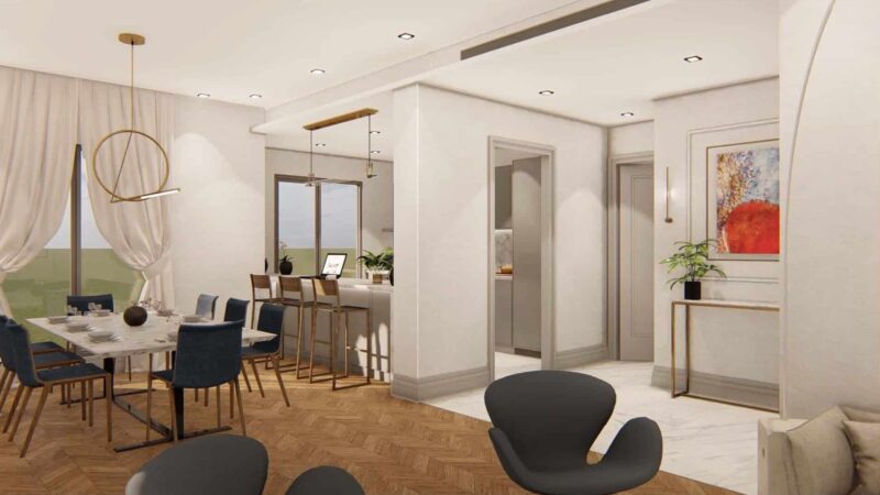 Open plan living room with a breakfast bar