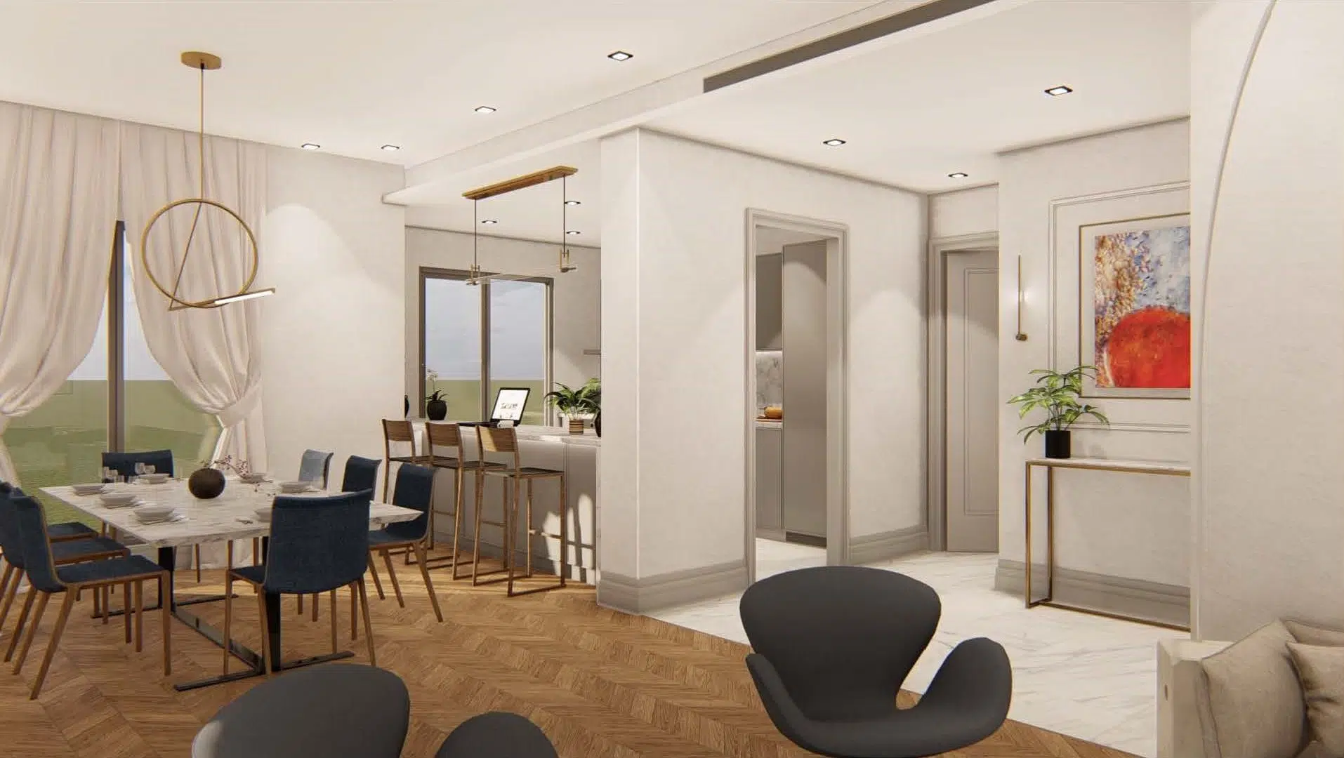 Open plan living room with a breakfast bar