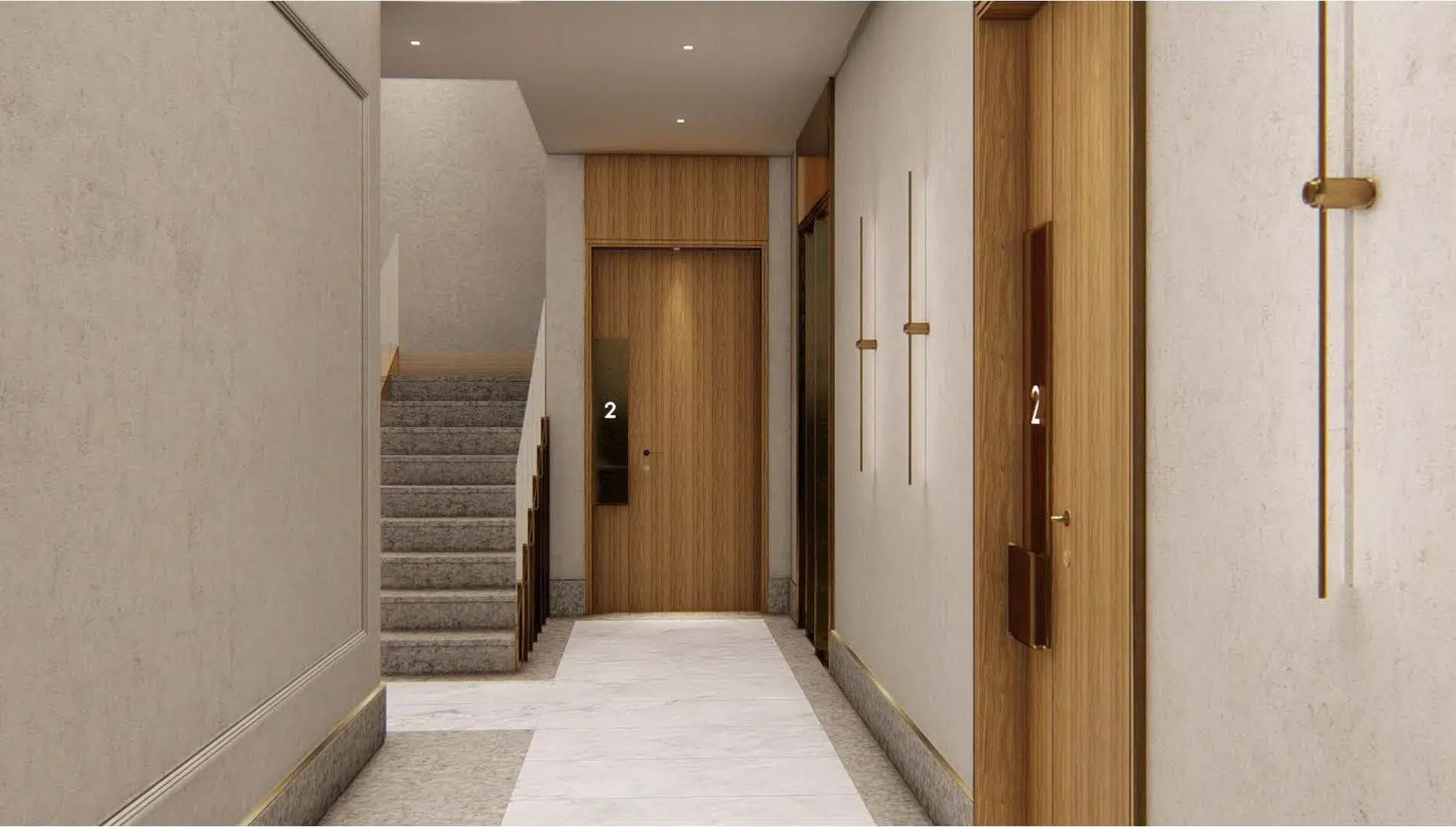 Hallway of an Apartment building in Dikilitas, showing a staircase to the next floor and two apartment doors.