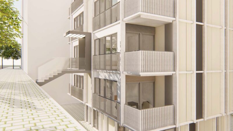 Close up of an apartment building in Dikilitas showing the entrance and balconies