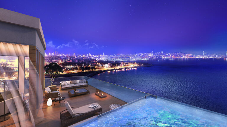 Night Views from the balcony of Istanbul's premier sea front apartment compound, showing the sea views across the Marmara