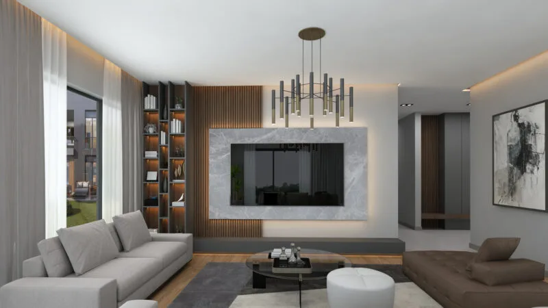 View of a living room with LED Tv fitted to the wall