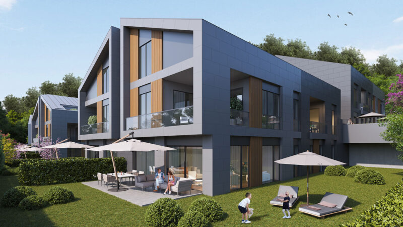 Side on view of a three storey building with huge windows