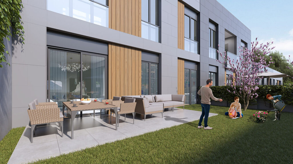 VIew of an apartments garden with garden furniture