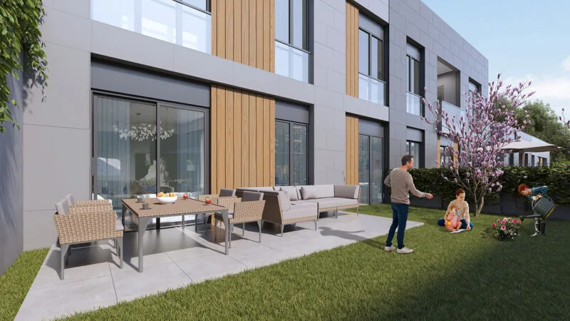 VIew of an apartments garden with garden furniture
