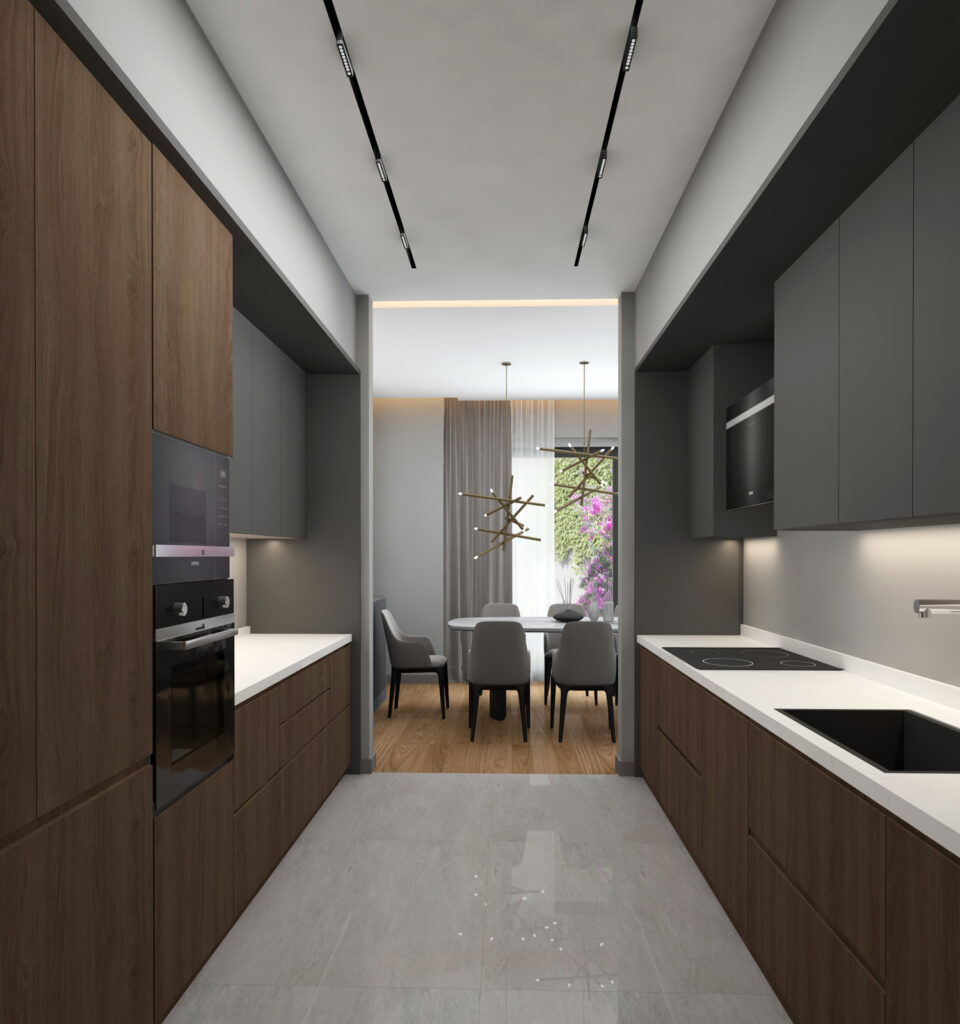 View of the kitchen finished in walnut cabinets