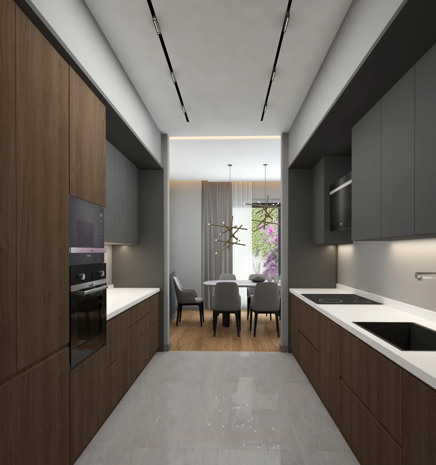 View of the kitchen finished in walnut cabinets