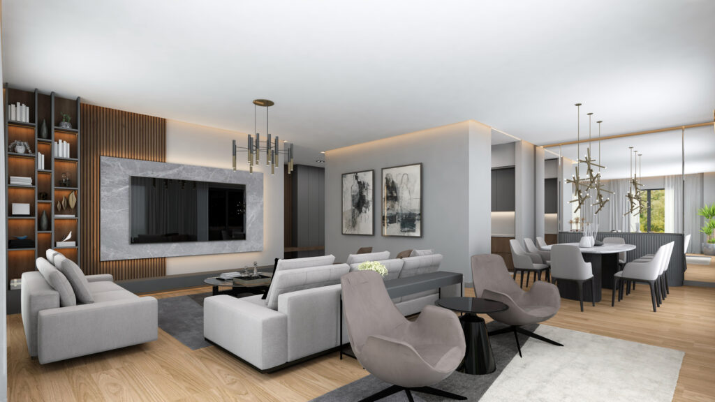 View of the living room and open plan dining area