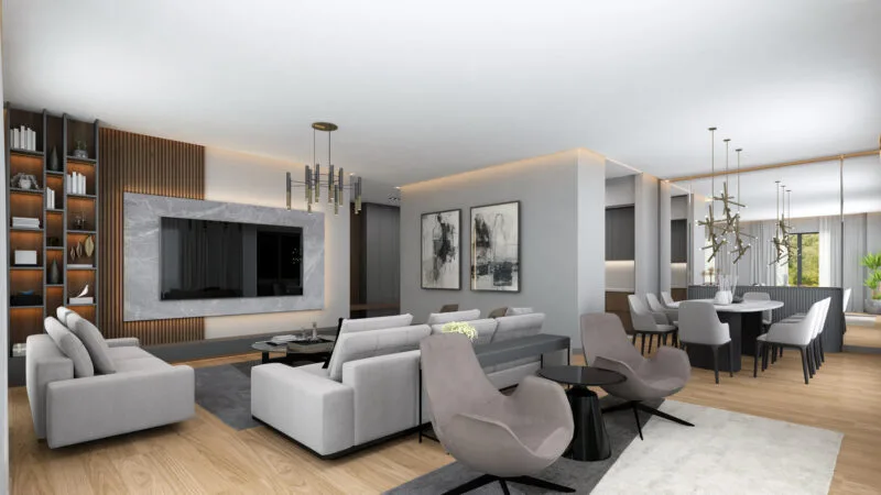 View of the living room and open plan dining area