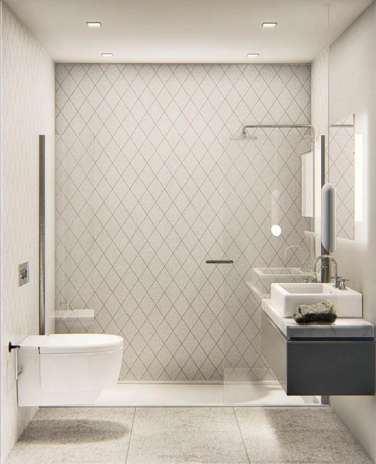 Side view of the bathroom showing the WC, sink unit in navy blue, shower, and herringbone tile in beige.