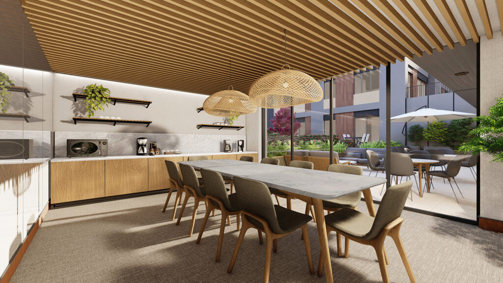 A large kitchen with dining room