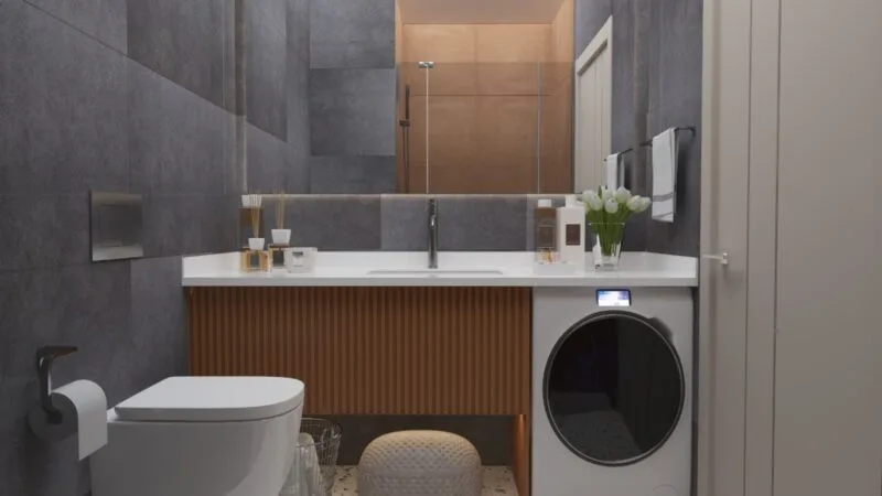 Bathroom showing the basin, washing machince and WC