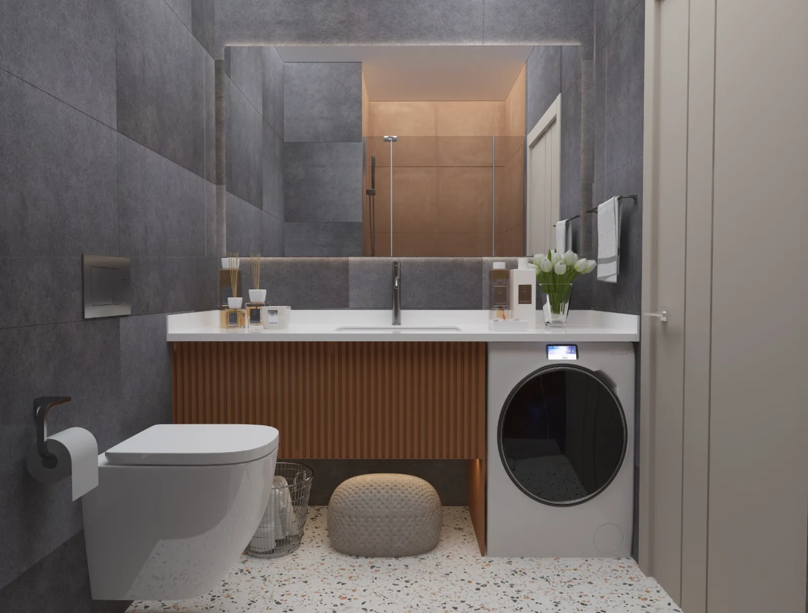 Bathroom showing the basin, washing machince and WC