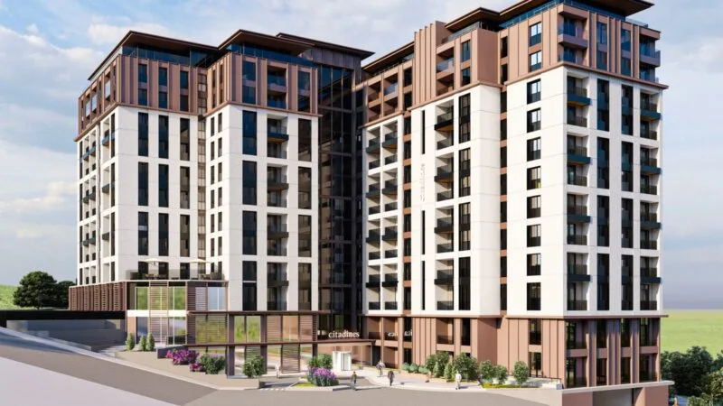 Full frontal image of a two block hotel