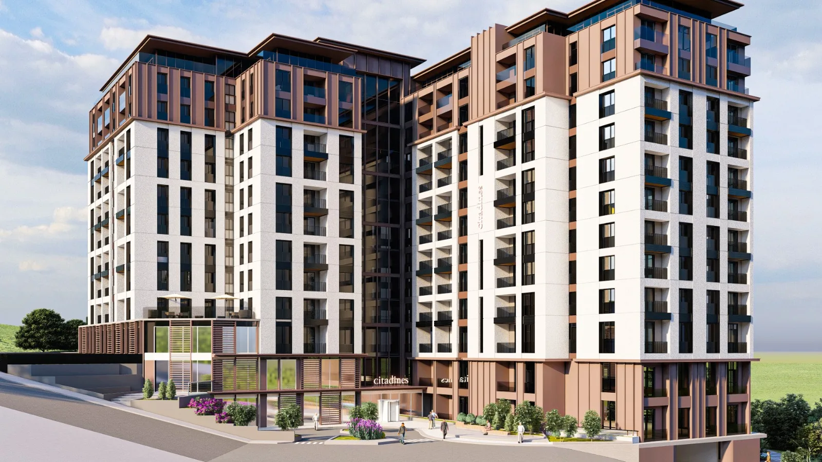 Full frontal image of a two block hotel