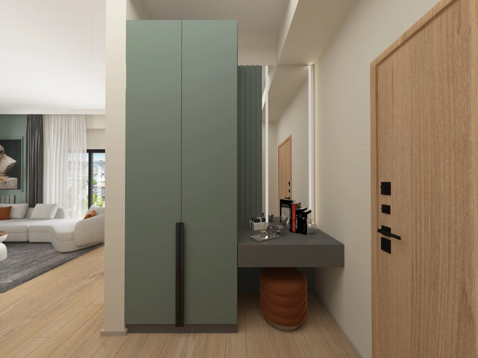 Image of an entree cupboard to an apartment with mirror and double door cupboard