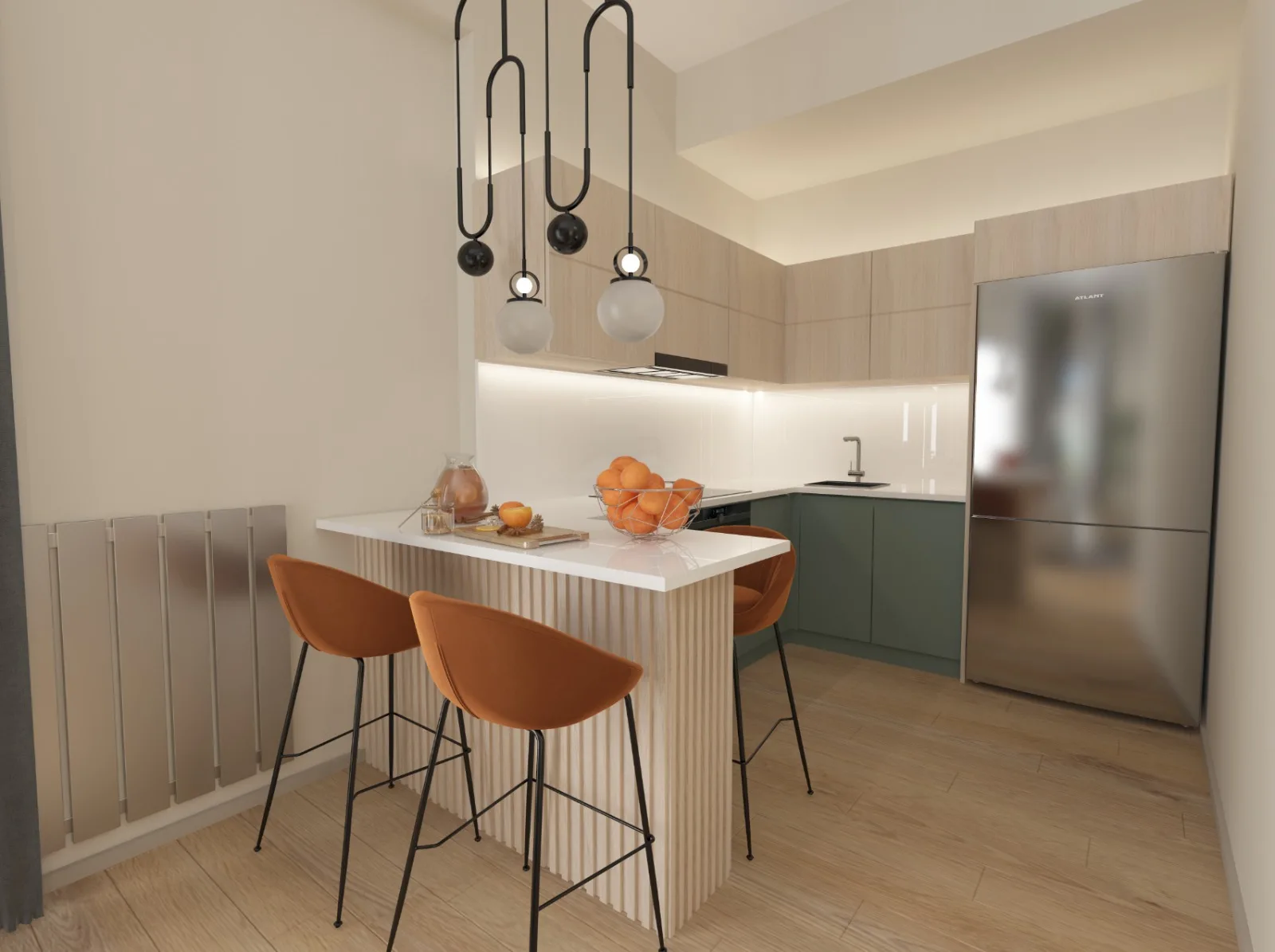 Image of a corner kitchen with a breakfast bar and two stalls