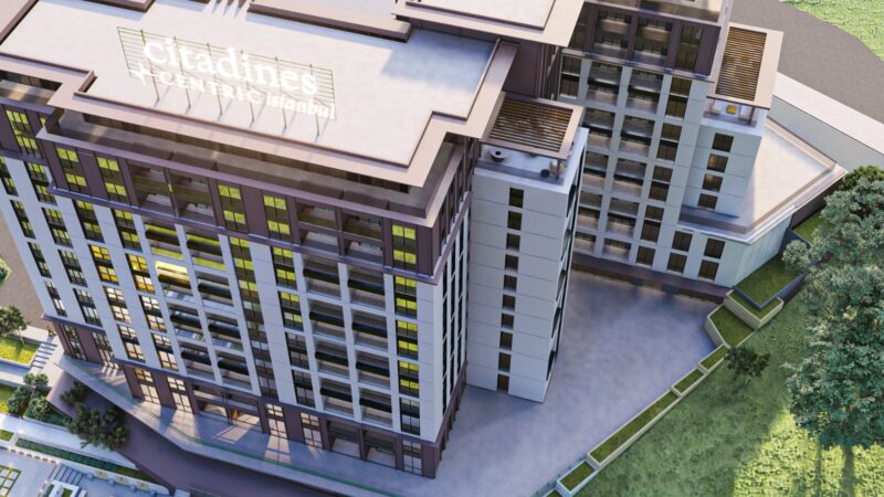 Aerial view of a two block hotel