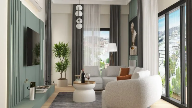 Image of a living room with TV, wall decor, and couch.