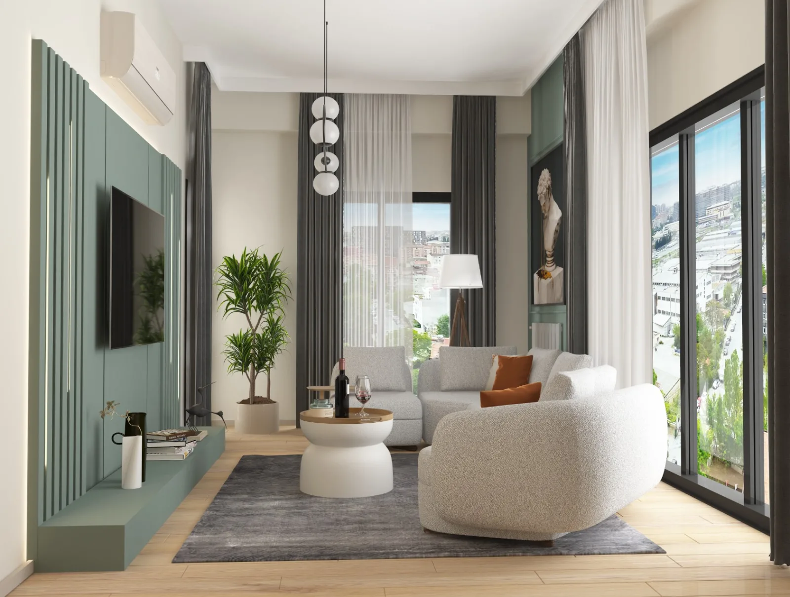 Image of a living room with TV, wall decor, and couch.