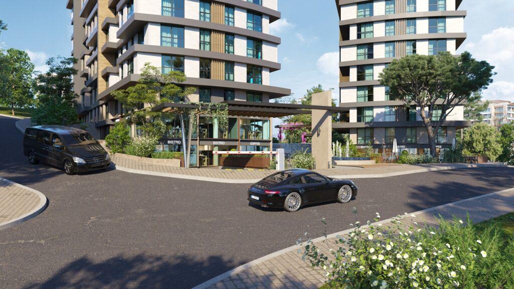 Render showing entrance to a two block new build apartment project in Kagithane