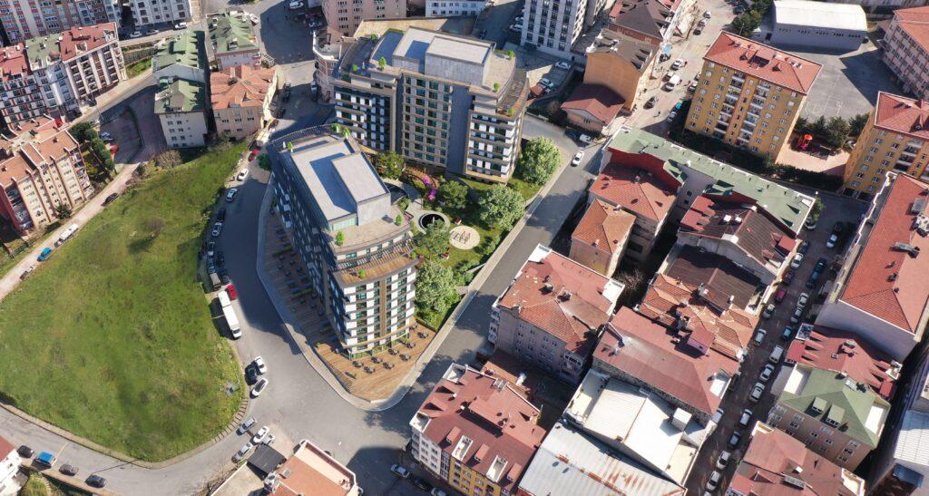 Aerial view render of dual tower apartment project in Kagithane