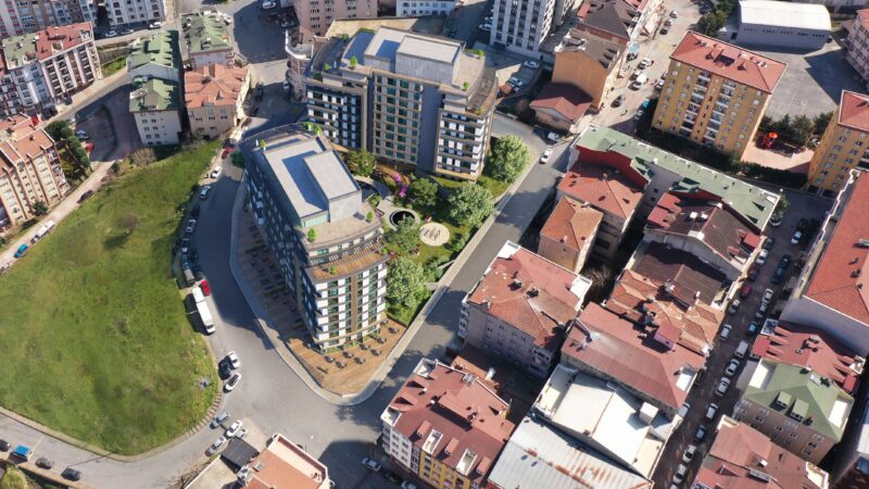 Aerial view render of dual tower apartment project in Kagithane