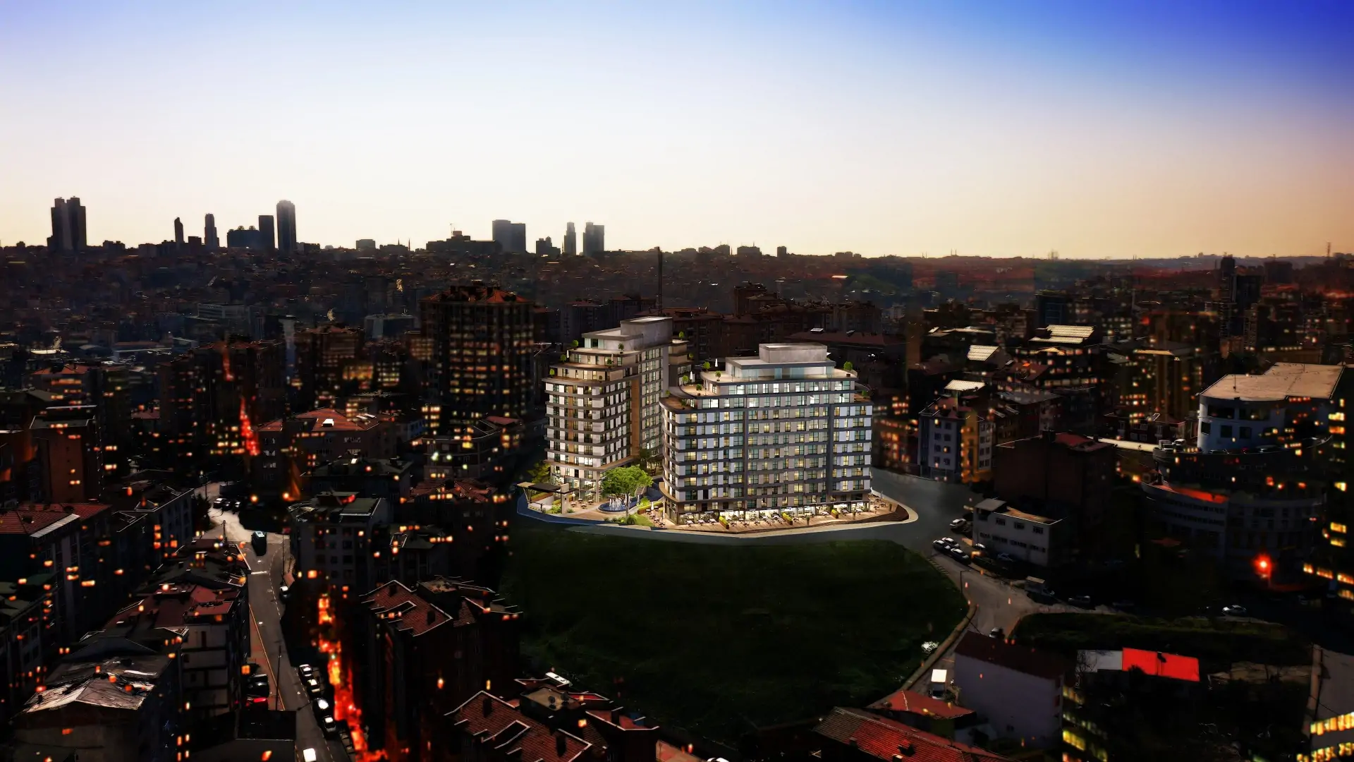 Night view render of dual tower project in Kagithane